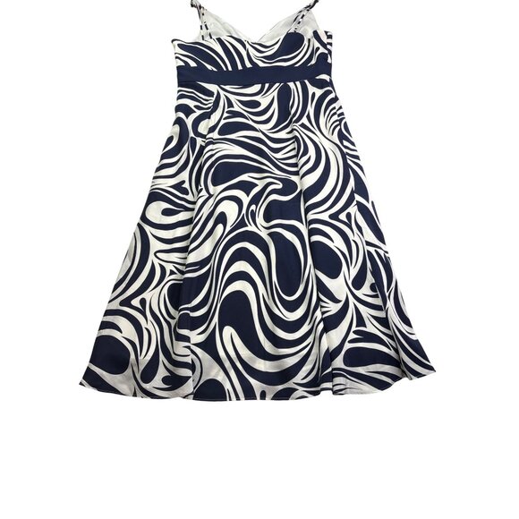 Ann Taylor Silk Midi Dress Fit Flare 4 Navy Blue White Swirl Pattern Sleeveless - Picture 7 of 11